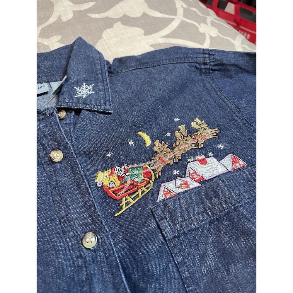New Cabin Creek MEDIUM Christmas Holiday Cotton Denim Button Up Shirt Vintage - Picture 3 of 8